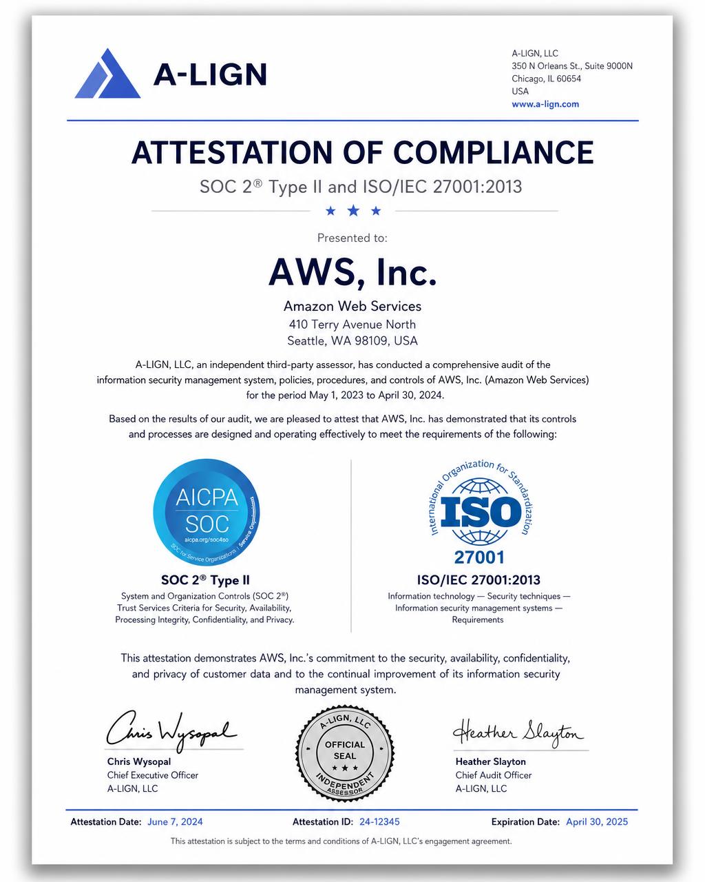 Attestation of Compliance — SOC 2 Type II and ISO/IEC 27001:2013 issued to the cloud hosting provider by A-LIGN, LLC (independent third-party assessor).